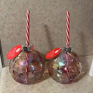 NEW Iridescent Pink Bow Glass Ornaments with Straws